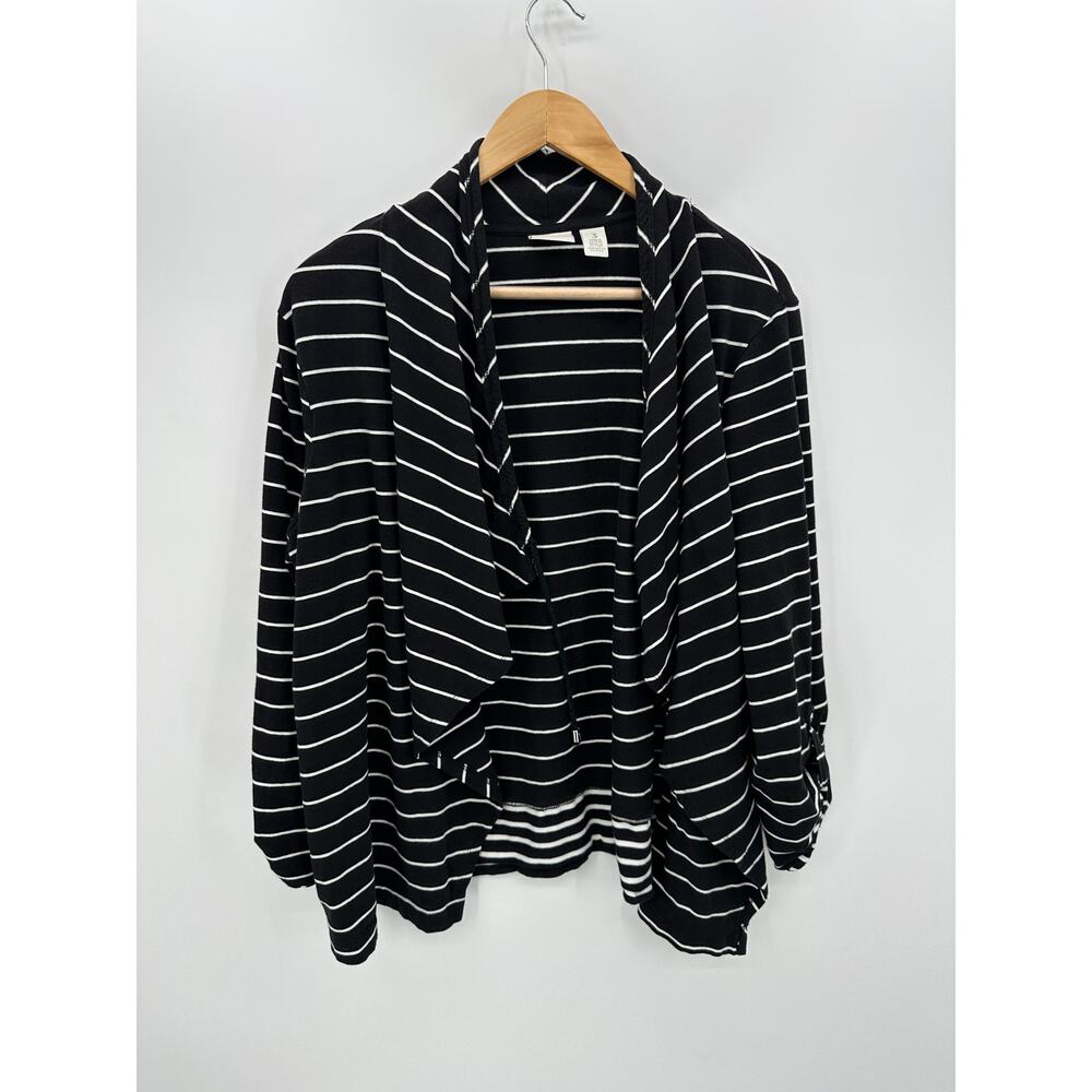 Zenergy Chico's Open Front Cardigan Sweater Women 3 XL Black Striped Roll Tab
